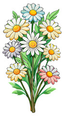 Stunning White Daisy Illustration with Yellow Center and Lush Green Leaves - Perfect for Floral Designs and Botanical Themes, Daisy Vector Illustration