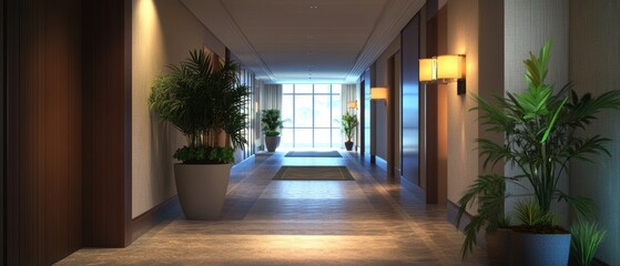 Modern Hotel Corridor with Greenery and Natural Light