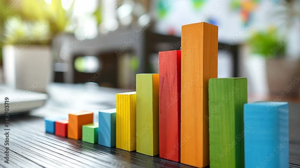 Poster Various colorful wooden blocks are stacked in a bar chart layout on a table in a well-lit workspace, symbolizing growth and progress in a creative environment.