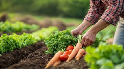 Harvesting fresh vegetables in garden
