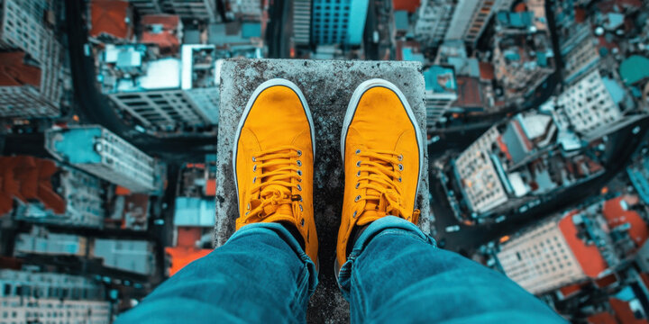 A person sitting on the edge of a tall building, fear of heights evident in their careful movements as they take in the view below