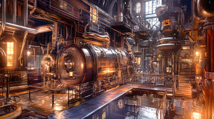 Explore a vibrant steampunk metropolis where sleek brass machinery and rustic architecture merge, evoking a unique blend of history and futuristic innovation