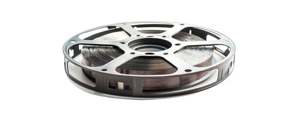 Close-up of a vintage film reel isolated on a white background, showcasing classic cinema and filmmaking equipment.