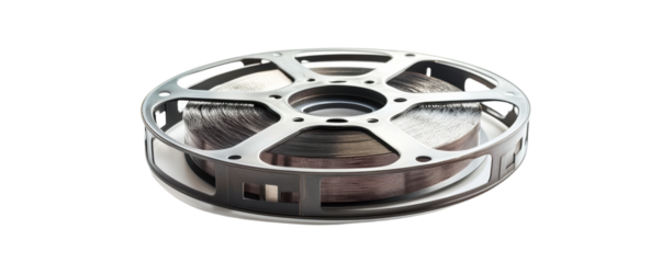 Close-up of a vintage film reel isolated on a white background, showcasing classic cinema and filmmaking equipment.