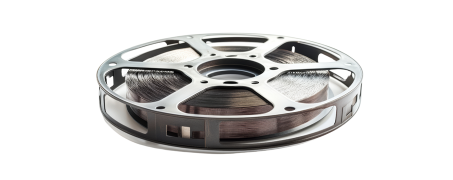 Close-up of a vintage film reel isolated on a white background, showcasing classic cinema and filmmaking equipment. - Powered by Adobe