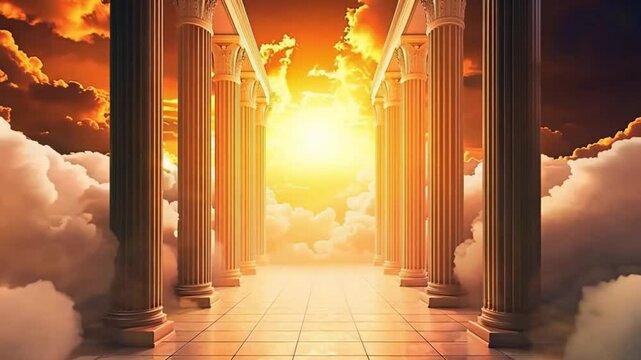 Heavenly sky view from Greek like temple. Concept of the architecture of the sanctuary of the greek gods mount olympus and ancient greek culture.