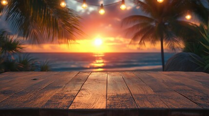A tropical sunset with string lights illuminating palm trees and a wooden table in the foreground