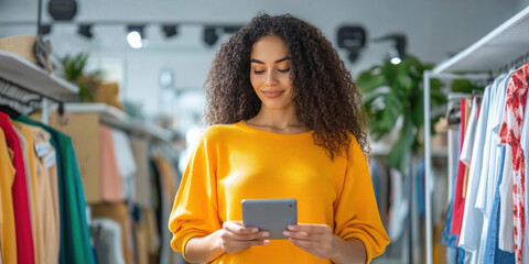 A person trying on virtual clothes through an AR mirror in a store, seeing how different outfits look on them without physically changing