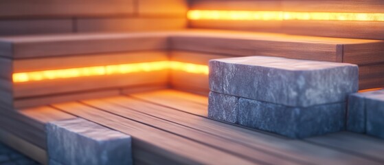 Cozy Wooden Seating with Ambient Lighting and Stone Details