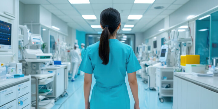 A person walking through a modern healthcare facility where robots assist nurses, demonstrating the future of smart healthcare