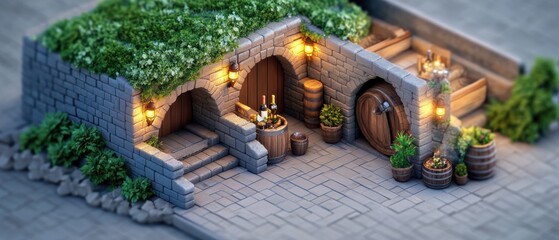 Charming Stone Tavern with Lush Greenery and Warm Lights