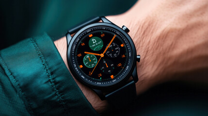 A person wearing a sleek smartwatch that displays health data, notifications, and messages, seamlessly integrated into their daily routine