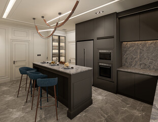 3D Rendering interior of the kitchen was designed as a combination of classic modern and glamour styles. Grey decorative fronts of cabinets harmonize with black marble.