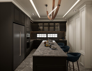3D Rendering interior of the kitchen was designed as a combination of classic modern and glamour styles. Grey decorative fronts of cabinets harmonize with black marble.