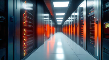 Experience the luminous glow of a state-of-the-art data center, where servers line the walls and high-tech equipment whirs with activity in a sophisticated environment