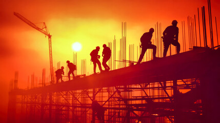 Construction workers meticulously maneuver on steel structures at high altitude, showcasing agility and teamwork against a striking sunset gradient