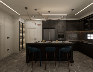 3D Rendering interior of the kitchen was designed as a combination of classic modern and glamour styles. Grey decorative fronts of cabinets harmonize with black marble.
