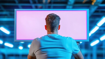 Man Holding Blank Screen in Modern Space