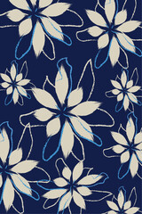 A navy blue background with soft white flowers textile vector and A flowers pattern on blue background, and Floral pattern withstylized cream-colored flowers