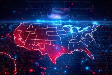 Fototapeta premium Digital visualization of a map of the United States showcasing state boundaries and an American flag