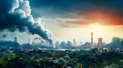 Obraz premium developed cities with industrial factories that cause pollution that damages the city, resulting in climate change. Save our planet