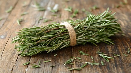 Dried Rosemary: A bundle of dried rosemary sprigs tied with twine, lying on a rustic wooden table with a scattering of dried leaves around it.