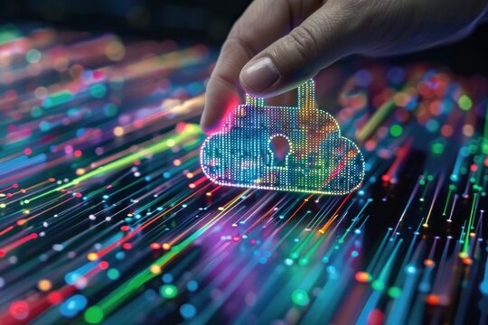 A hand holding a digital padlock surrounded by colorful data streams on a dark background, symbolizing cybersecurity and digital protection