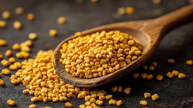 Fenugreek Seeds: Yellow fenugreek seeds spilling from a wooden spoon onto a kitchen counter, with a subtle golden hue and a hint of bitterness.