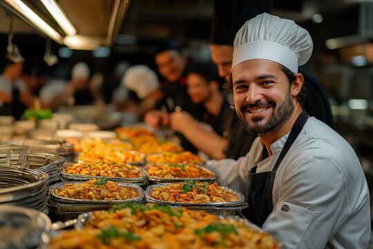 Smiling chefs joyfully preparing meals for a homeless shelter during community outreach event