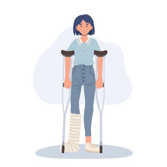 female patient with leg injury using crutches for walking support and rehabilitation