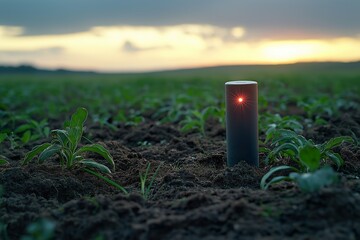 Innovative wireless soil moisture sensor illuminating fields at sunset