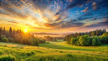 Obraz premium Sunrise over lush forest and meadow in panoramic landscape with vibrant colors