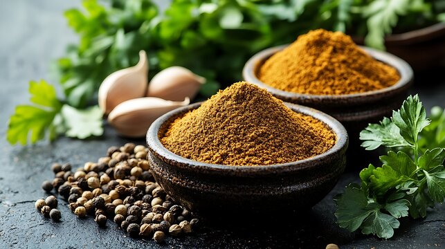 Ground Cumin and Coriander: A mix of ground cumin and coriander powders in two small bowls, with whole seeds and fresh herbs nearby.