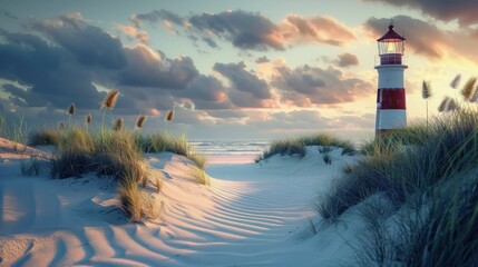 Tranquil beach scene with a lighthouse and soft sand dunes under a colorful sky