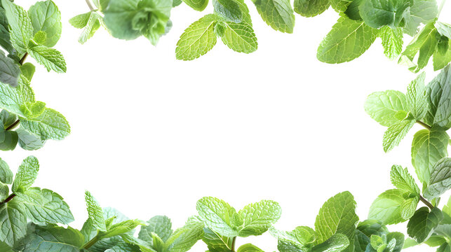 Fresh Mint Leaves Arranged in frame on White Background