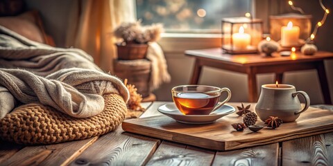 Fototapeta premium Cozy Still Life of Home Interior Decor on Wooden Table with Cup of Tea