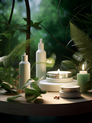 A serene display of skin care products surrounded by lush greenery creates calming atmosphere. elegant arrangement includes bottles, jars, and candles, enhancing natural beauty