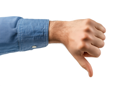 Close-up of a hand giving a thumbs-down sign on transparent background, indicating dissatisfaction, criticism, or disagreement.