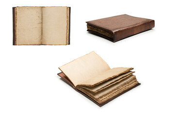 An open empty old notebook isolated on a white background.