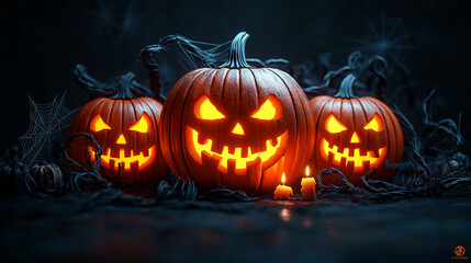 Fototapeta premium 3d rendered illustration of three glowing pumpkins, dark background, halloween concept
