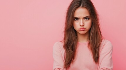 Displeased young woman frowning against pink background