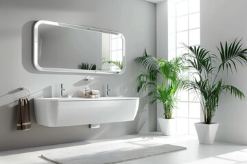 Fototapeta premium Modern bathroom design features sleek rectangular mirror above stylish sink, complemented by lush green plants and natural light streaming through large windows, creating serene atmosphere