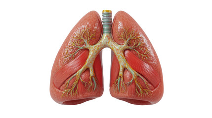 Detailed 3D illustration of human lungs showcasing anatomy and structure, highlighting respiratory system and bronchial tubes, medical illustration.