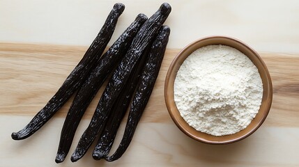 Vanilla Beans: A pair of dark, glossy vanilla beans placed on a light wooden surface, with a small dish of ground vanilla powder beside them.