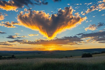 Heart-shaped cloud formation at golden hour, casting warm hues across a serene landscape below