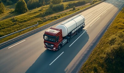 Red Semi-Truck Hauling a Tanker Trailer on an Asphalt Road