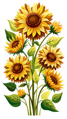 Yellow Sunflower Illustration with Vibrant Brown Center and Fresh Green Leaves - Ideal for Summer and Gardening Themes