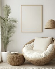 Modern Scandinavian Interior with Blank Picture Frame in Cozy White Living Room