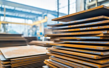 Obraz premium Stacked Metal Sheets in Industrial Warehouse