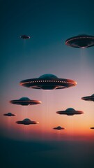 Saucer like UFOs hover in gradient sky, evoking mystery and wonder Vertical Mobile Wallpaper